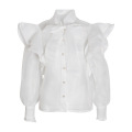 Ruffle Bowtie Thin Transparent Buttons Long Sleeve Women Blouse Shirts